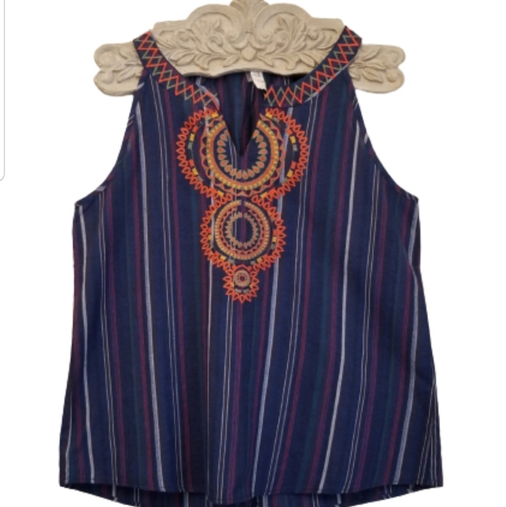 I Love Boho Embroidered Blue Sleeveless Blouse Top Size Medium NEW NWT